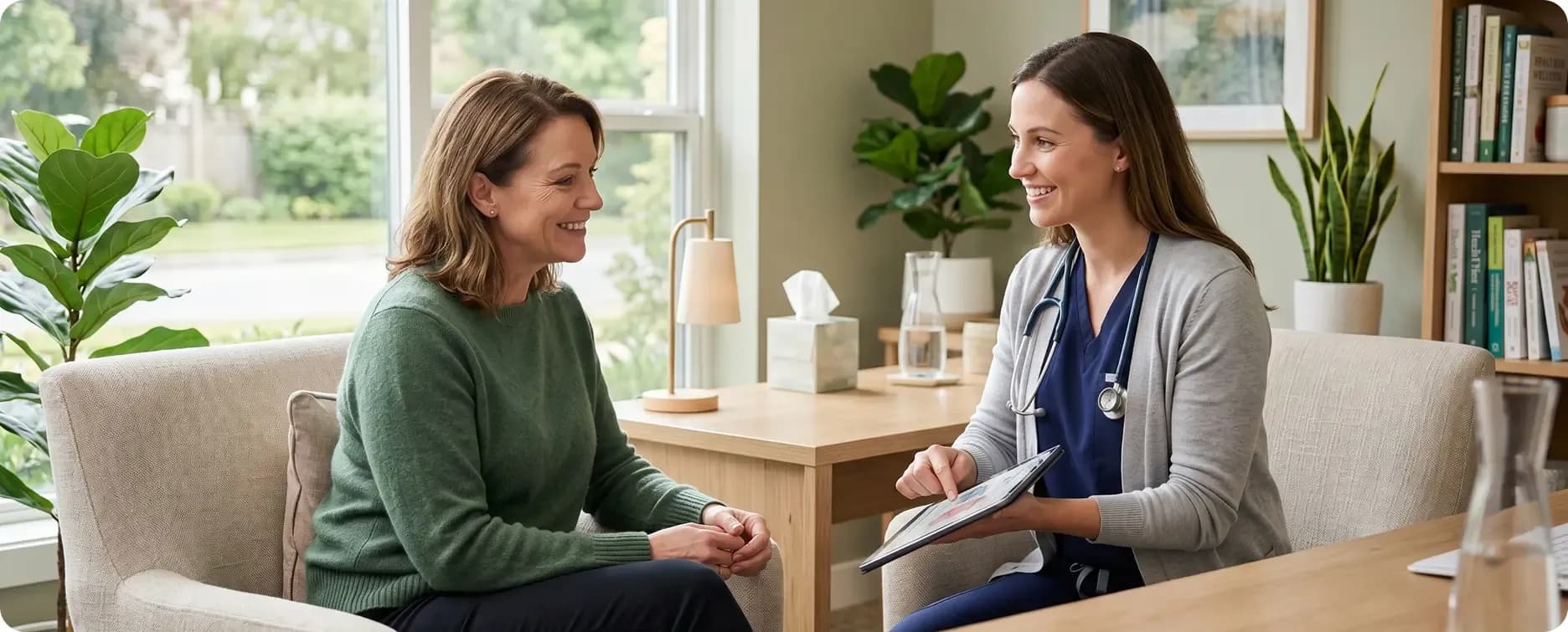 A patient and female healthcare professional smiling and talking together in a bright, welcoming clinic consultation room.